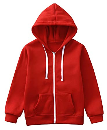 2026 - Sweat-shirt Couleur unie Zippé Vestes Long Sweat à capuche Top Garçons Manches Up Enfants Garçons Manteau Veste Gilets Garçons 140, rouge, 9-10 ans