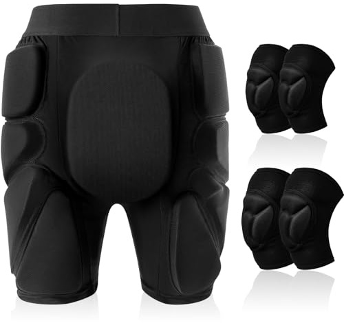 Lewtemi 3 Set Protective 3D Padded Hip EVA Short Pants Knee Pads Elbow Set Winter Protection Hip Pads Thick Non Slip Knee Sleeve Elbow Guard for Men Women Kid Ski Ice Skating(Black03,Medium,Stylish)