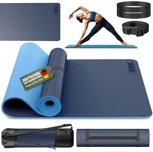 RE:SPORT Tappetino da yoga senza ftalati | Tappetino da ginnastica antiscivolo | Tappetino fitness privo di sostanze nocive | Tappetino da allenamento con tracolla senza ftalati 183 x 61 x 0,6 cm (Blu