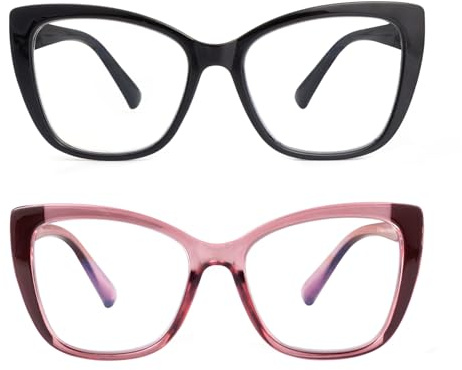 SKYWAY 2er-Pack Übergröße Lesebrille Damen, Groß Mode Quadratische Cat Eye Computerbrille Blaulichtfilter Brille mit Sehstärke