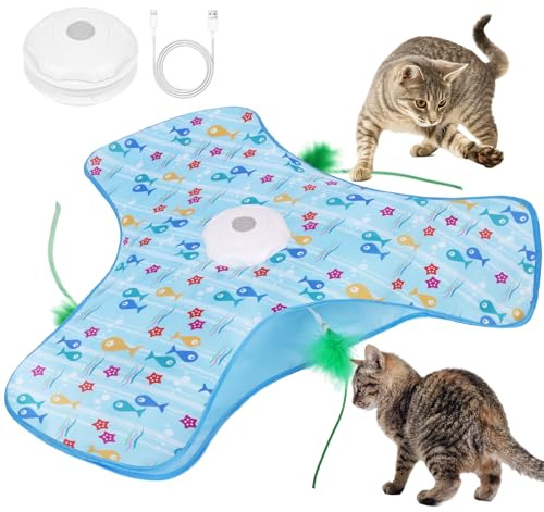 AUYAO Giocattolo per Gatti, Elettrico Giochi per Gatti in Casa con 3 modalità, Gioco con Nascondino per Gatto, Gioco Interattivo per Domestici Piume Nascoste, Ricarica USB(Blu)