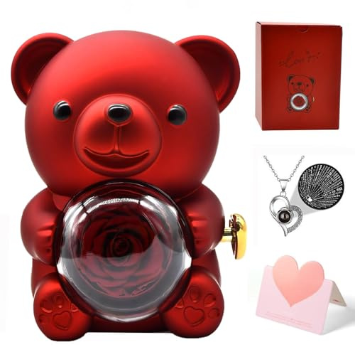 Orsetto Rosa Eterna con Collana a Forma di Cuore,Orso di rosa Eterna Confezione Regalo,Orsetto di Rose Stabilizzate con Scatola per Donna,Mamma,per San Valentino,Festa della Mamma,Anniversario (Rosso)