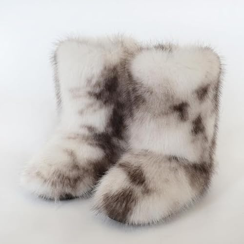 Pälsimitation-stövlar, damvinterskor, fluffiga varma snöstövlar för kvinnor, mellanhöga bekväma utomhusstövlar med flat sula f2 European-size-42