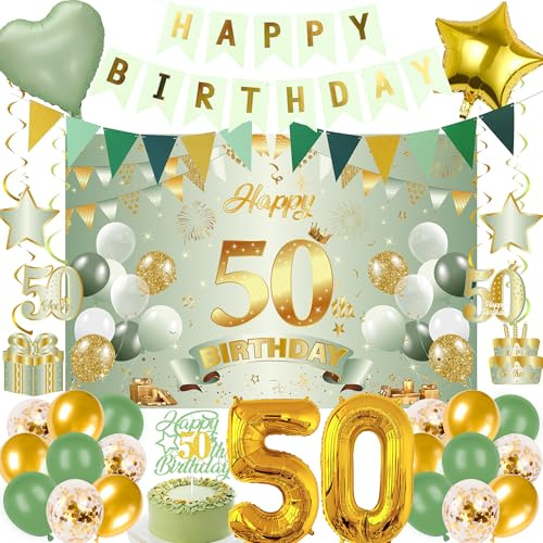 50. Geburtstag Deko Frauen Männer - 32 Stück SalbeigrüNe Happy Birthday Banner Folienballons HäNgende Wirbel Hintergrund Wimpel Luftballons Ballons Tortendeko FüR 50. Jahre Party Dekoration