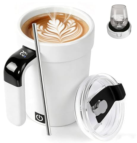 Self Stirring Coffee Mug, Rechargeable Automatic Magnetic Mixing Cup with LCD Temperature Display, Detachable Base Self Stirring Cup with Whisk for Coffee, Milk, Protein Shakes and More (White, 380ML)
