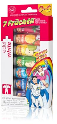 Edelwhite 7 Fruchtli Dentifrice pour enfants – 7 saveurs & couleurs, fluor biodisponible, sans additifs artificiels, pour enfants jusqu'à 6 ans, protection de l'émail, brossage ludique des dents