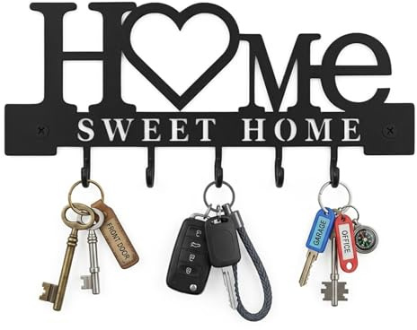 Finehenchi Sweet Home Key Holder for Wall, 25cm Black Key Hooks Wall Mounted with 5 Hooks, Metal Keys Rack Wall Mount Storage Organiser Decorative for Entryway, Hallway, Sweet Home Design