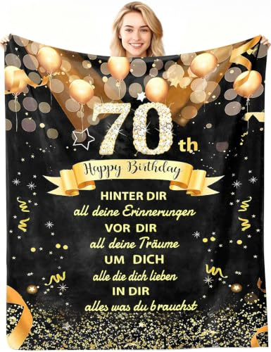 ARRITS Kuscheldecke 70 Geburtstag Geschenk für Frau & Mann 150 x 200 cm | Schwarz-Gold Decke Personalisiertes Geschenk zum 70. Geburtstag für Mutter, Tochter, Schwester, Freundin, Ehefrau, Oma