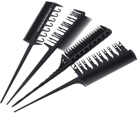 4pcs Professional Hair Styling Highlight Comb Set Carbon Fiber Black | Hair Dye Applicator, Easy Strand Separation, Prevents Damaging Cuticle, Salon Colouring Tool
