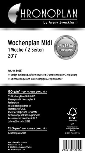 Chronoplan 50257 kalenderinlägg 2017 (veckoplan Midi på rader, 1 vecka/2 sidor) vit