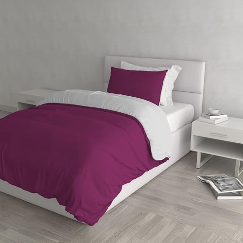 Set Copripiumino 100% Cotone Natural Color, Made in Italy - Parure Copri Piumino - Sacco Piumone 200x200 cm con Doppia Patella e Federa Cuscino, Piazza e Mezza, Fucsia/Grigio Chiaro