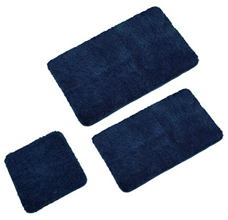 WohnDirect Badematten Set 3tlg, rutschfest & waschbar, Dunkelblau | Weicher Hochflor-Badteppich (4 cm) ohne WC-Ausschnitt – saugstark, für Fußbodenheizung geeignet, Öko-Tex zertifiziert