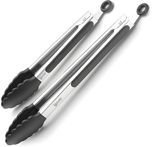 2-teiliges Küchenzangen-Set | Silikon-Küchenzangen zum Grillen, Kochen und Servieren | Hitzebeständige Küchenzangen für Antihaft-Pfannen | BPA-freie Edelstahl-Küchenutensilien von Boxiki Kitchen