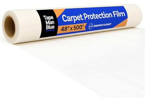 TapeManBlue Carpet Protection Film, 48 inch x 500 Foot roll, Self Adhesive Plastic Carpet Protector Film with Clean Removal & Easy Unwind, Strong and Durable Covering for Construction