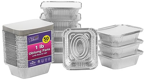 Nicole Home Collection Aluminum Pans With Lids - 50 Count - 1LB Oblong Pans (5x4)- To Go Containers With Lids - Disposable Tin Foil Pans - Perfect For Catering, Meal Prep, Baking, Freezer Safe