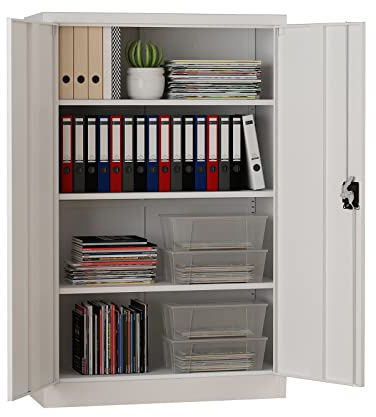 Midori Aktenschrank Metall abschließbar | 140 x 90 x 40 cm | Stahlschrank mit Zylinderschloss, 3 verstellbare Einlegeböden | Büroschrank mit Flügeltüren, pulverbeschichtet | Grau