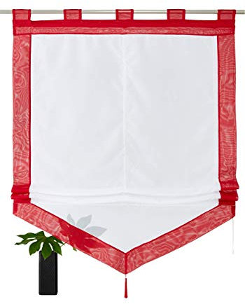 Devola Voile transparent Scheibengardinen mit zweifarbigen Design mit Quaste Fenster Gardinen Panneaux mit Tunnelzug Gardine HxB 140x45cm Rot 1er Pack