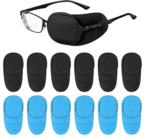 cobee Augenklappen für Brille, 12 Stück, Augenglasabdeckung, Augenklappe für Erwachsene, Kinder, rechte und linke Augenklappen für faule Augen, Amblyopie, Strabismus, Blau und Schwarz