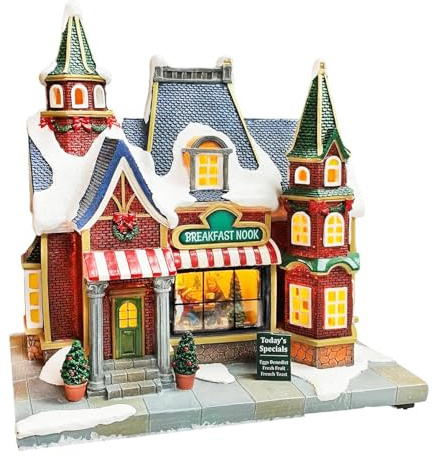 MOMENTS IN TIME Lighted Christmas Village Building Breakfast Nook LED Lights Music Battery Operated Plays 8 Holiday Songs Optional 4.5V Adapter Gift Wrapped Ready Décor