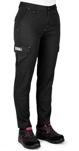 Black Hammer Womens Cargo Work Trousers Multi Pockets Elastic Waist Heavy Duty Triple Stitched Reinforcing Stress Point Endure Workwear (Size 6, 30 Leg) Black