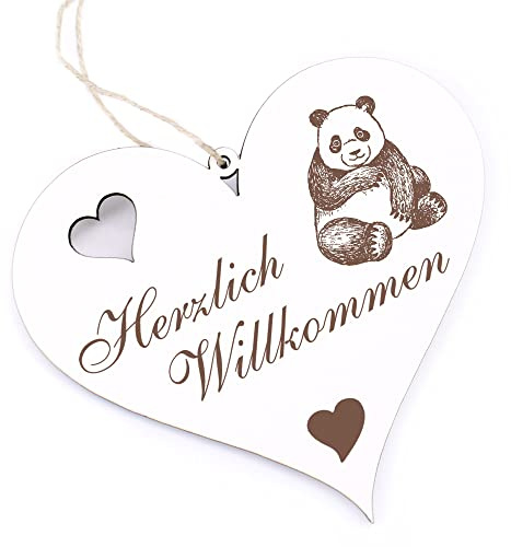Herzlich Willkommen Schild - Panda Bär - Deko Herz Holz Willkommensschild Türschild Dekoschild Türdeko