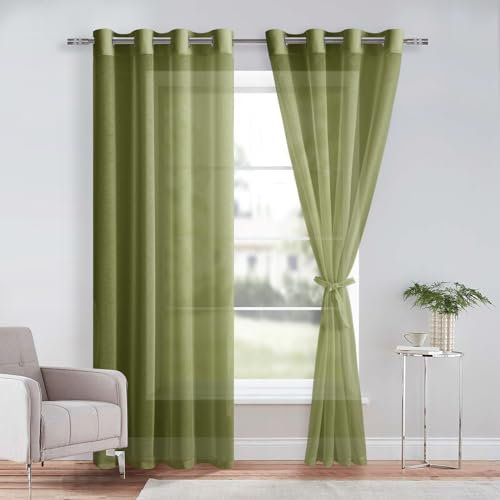 DWCN Green Sheer Curtains with Tiebacks Christmas Curtians Semi Transparent Voile Grommet Window Curtain for Bedroom and Living Room,2 Panels,W52 x L84