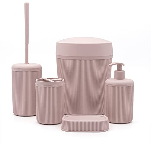 Set bagno accessori completo – 5 pezzi, kit accessori appoggio colorato rosa, include dispenser, portaspazzolini, portasapone, scopino wc e pattumiera 4,2 lt, linea Ring