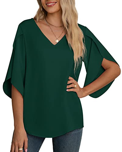 Yommay Chiffongblus för kvinnor damtoppar elegant ledig lös 3/4 veckad delad ärm V-hals sommarblus t-shirts, Mörkgrön, S