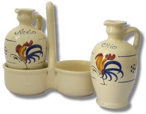 Colì - Set Dispenser per Olio e aceto Linea Gallo, Set Due Bottiglie in Terracotta con Supporto, Porta Olio e aceto 250 ml con Sistema Salva Goccia, Oliera 100% Made in Italy