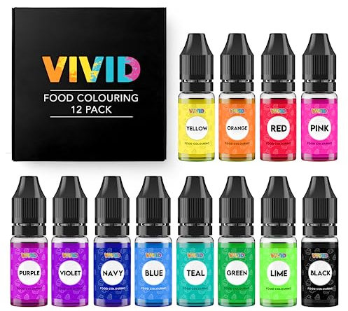 VIVID Lebensmittelfarbe 12 x 10ml - Essbare Konzentrierte Flüssige Lebensmittel Farben zum Kuchen Backen, Kekse, Fondantieren - Lebendige Farben für Dekorieren und Kochen, Airbrush, DIY Seifen