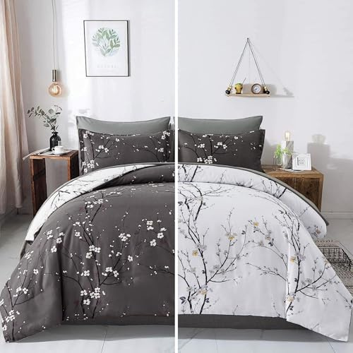 Freyamy Bettwäsche 135x200 Blumen Anthrazit Floral Zweige Bettwäsche Set | Mädchen Wendebettwäsche Aesthetic, 2teilig, Microfaser ÖKO-TEX Bettbezug mit Reißverschluss und 1 Kissenbezug 80x80cm
