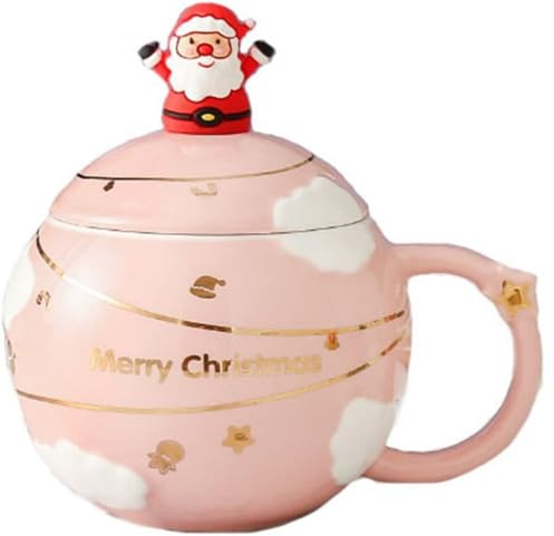FülleMore 400ml Kaffeetasse mit Deckel und Löffel Weihnachtstasse Trinkbecher 3D Weihnachtsmann Kaffeebecher Teetasse Milchbecher Süße Kaffeetasse Geschenk (Rosa)