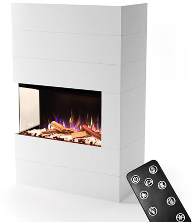 GLOW FIRE Kaminofen Portia linksoffen mit realistischem 3D E-Motion LED-Feuer - Stand-Elektrokamin mit Heizung und Kaminfeuer, Knistereffekt & Timer, max. 1500 W, 140x90x45, Weiß