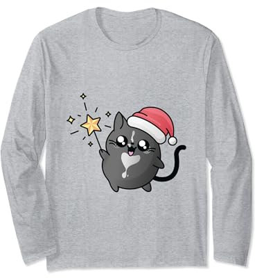 Kawaii Weihnachtskatze mit Zauberstern Zauberstab Langarmshirt