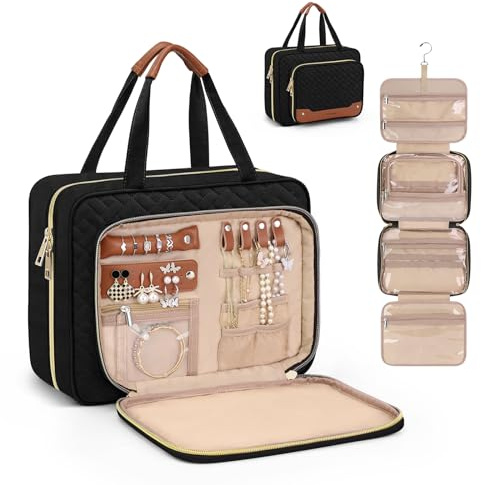 Wedama Toiletry Bag for Women, Hanging Travel Toiletry Bag with Jewelry Organizer Compartment Large Makeup Bag, PVC Waterproof Cosmetic Travel Bag for Travel Business Trips Camping Bathroom, Black