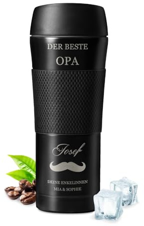 Maverton Reisebecher mit Gravur 450 ml - Kaffeebecher mit Anti-Rutsch-Griff und Quick-Press-Verschluss - Edelstahl Thermobecher auslaufsicher 100% dicht - für Männer zum Geburtstag - schwarz - Opa