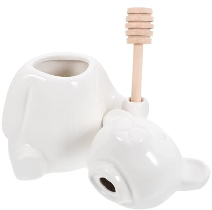 KICHOUSE Bear Shape Ceramic Honey Pot with Wooden Dipper Food Storage Jar for Kitchen Use Sealed White Ceramic Honey Jar with Embossed Design and Jam Storage