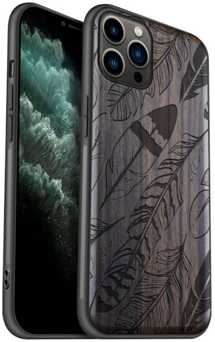 Carveit Coque en Bois pour iPhone 11 Pro Étui Protection Artistique Cover TPU Souple de téléphone Antichoc Compatible avec Apple 11 Pro Etui (Bois Sombre-Tableau à Plumes)