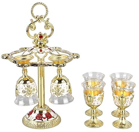 Dekaim Copa de cáliz chino, cáliz chino, 6 unidades, estilo retro, aleación de zinc, vidrio, patrón de flores en relieve, para bar de fiesta, dorado y blanco