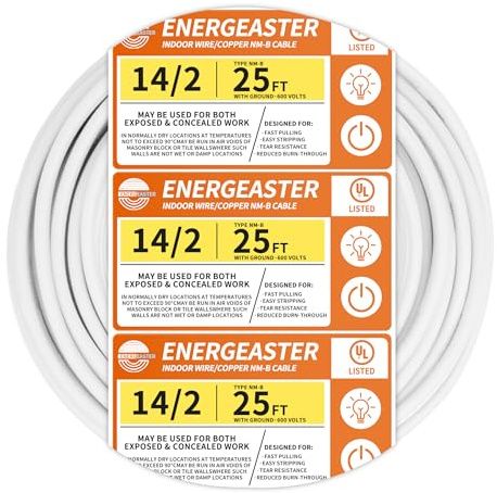 Energeaster Solid Indoor 14/2 W/G NMB Cable 25ft Coil，Electrical Wire 14 Gauge Wire 2 Conductors Non-Metallic with Ground Wire(White)