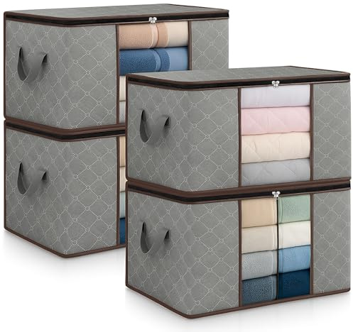 unycos - 4 Stück | 60L Aufbewahrungstasche, Kleideraufbewahrungstaschen, Vliesstoff mit Transparentem Fenster 55x35x32cm, Unterbett-Organizer für Bettdecken, Handtücher, Kissen (Grau/Kaffee)