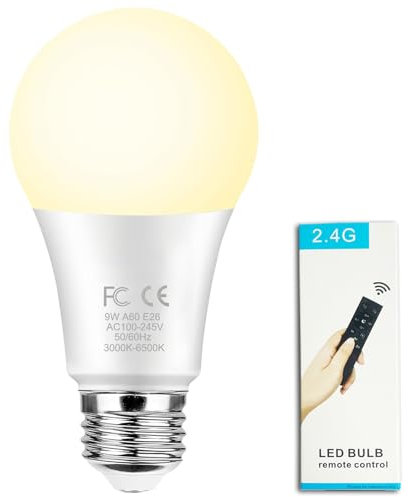 GRV Lampadina LED intelligente E26 A60 da 9 W con telecomando da 2,4 GHz, lampadine a LED che cambiano colore, dimmerabili continuamente 3000 K-6500 K, equivalente a una lampadina a incandescenza da