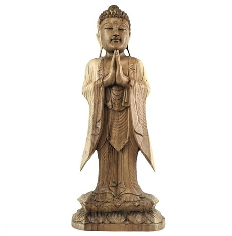 Coco Papaya Grande statua di Buddha in piedi 60 cm, in legno massiccio grezzo intagliato a mano Mudra Anjali