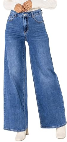 Nina Carter YY300 Dambyxor med hög midja, breda utsvängda stretch jeans med använt utseende, L (Smal)