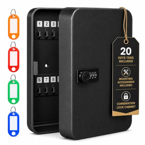 LDS® 20-Key Cabinet Combination Lock with Key Tags – Key Box - 16x20x7.5 cm | Key Lock Box and Key Cupboard for Key Storage – For Home, Office, Garage and Warehouse – Mounting Accessories Included