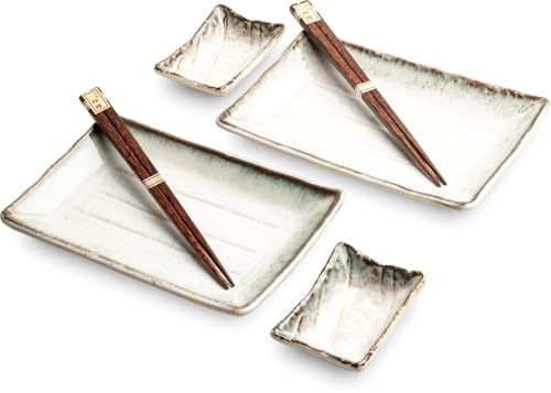 Sushi Set SHIRO weiß Porzellan Sushiset Geschenkset hergestellt in Japan zwei Sushi Teller zwei Schälchen und Essstäbchen 21,7 x 13,5 cm