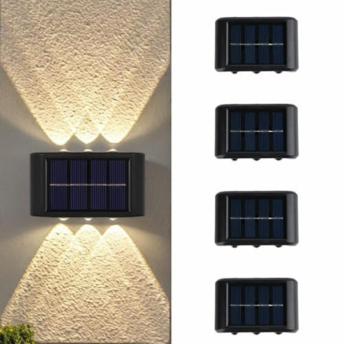 Hqynss 4 Pack Solar Wall Lights Outdoor, IP65 Waterproof Solar Fence Lights Up and Down Wall Lamps for Garden Decoration, Fence, Yard, Front Door, Pathway (6 LED Warm White, 4 Pack)