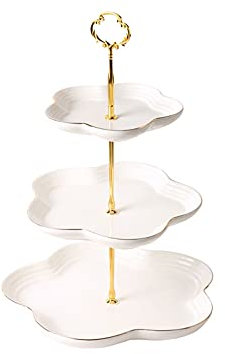 OWOHYG Alzate per Dolci Alzata per Dolci in Ceramica a 3 Livelli Porta Cupcake in Metallo Piatto per Esposizione di Dessert Rotondo Alzata per Dessert per Bambini Compleanno FES(White-B)