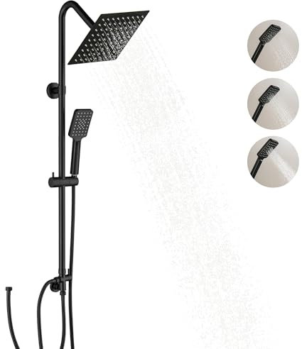 LIWEIKE Columna Ducha Negra, Columna Ducha sin Grifo Con Rociador de Lluvia de acero Inoxidable de 8 Pulgadas, Columna Ducha con 3 Modos de Pulverización, Negro Mate