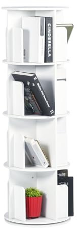 ZZINOKE Drehbares Bücherregal, Standregal, Runder Sockel, 4 Ebenen, 16 Gitter, 360° drehbar, geeignet für Wohnzimmer, Schlafzimmer, Büro, Kinderzimmer,39×128 cm（φ×H）, Weiß